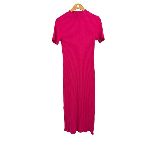 Anthropologie Court & Rowe Hot Pink Ribbed Mock Neck Bodycon Midi Dress - Picture 7 of 10